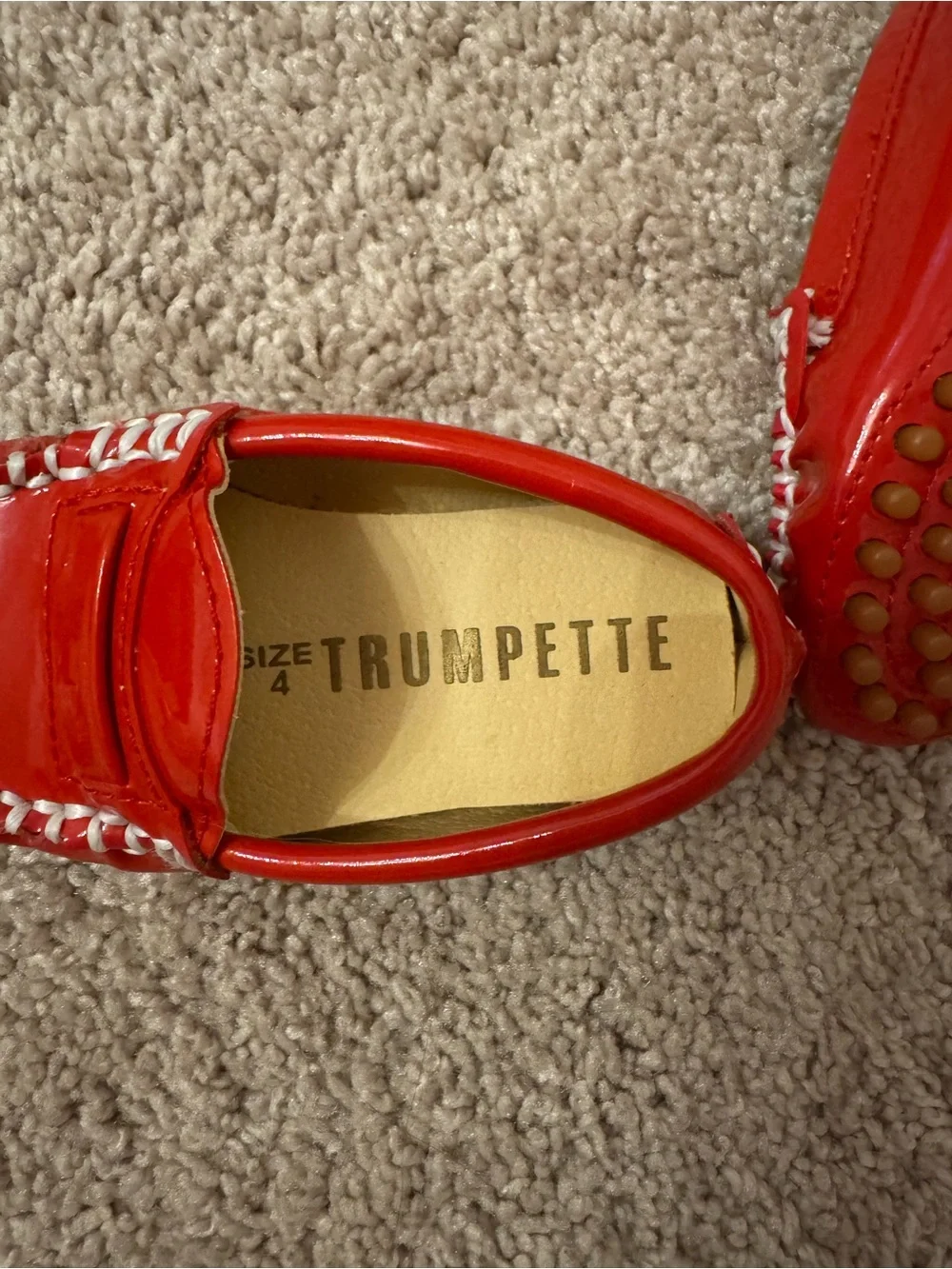Trumpette Red Patent Moccasin Loafers with Whipstitch Trim
